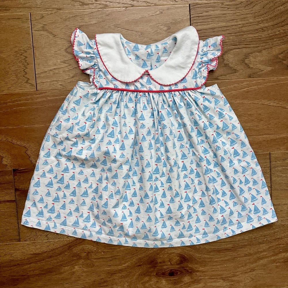 Sailboat Print Kids Dress with Peter Pan Collar